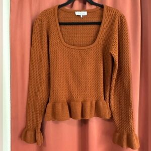 WAYF Burnt Orange Square Neck Ruffle Sleeve Sweater Womens XL